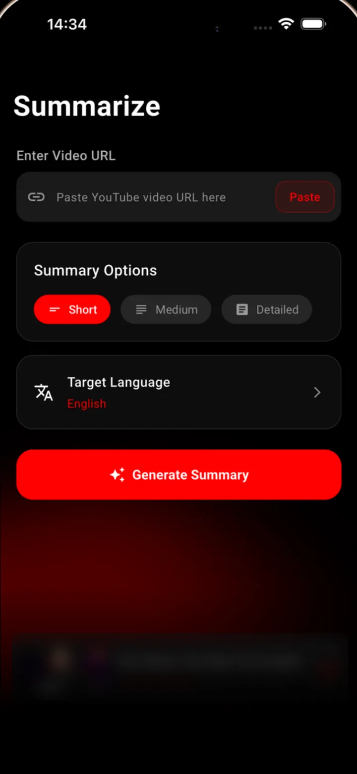 The SumTube Summarize screen: a field for the YouTube link with a Paste button, Short, Medium and Detailed options, the target language and a Generate Summary button