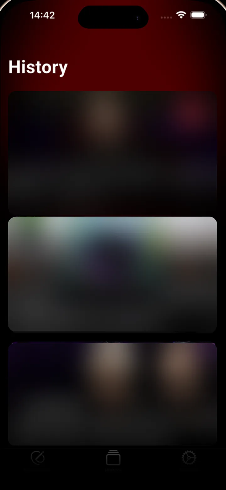 The SumTube History screen: a list of summarized videos, each with its thumbnail, title, channel and date (thumbnails blurred here)